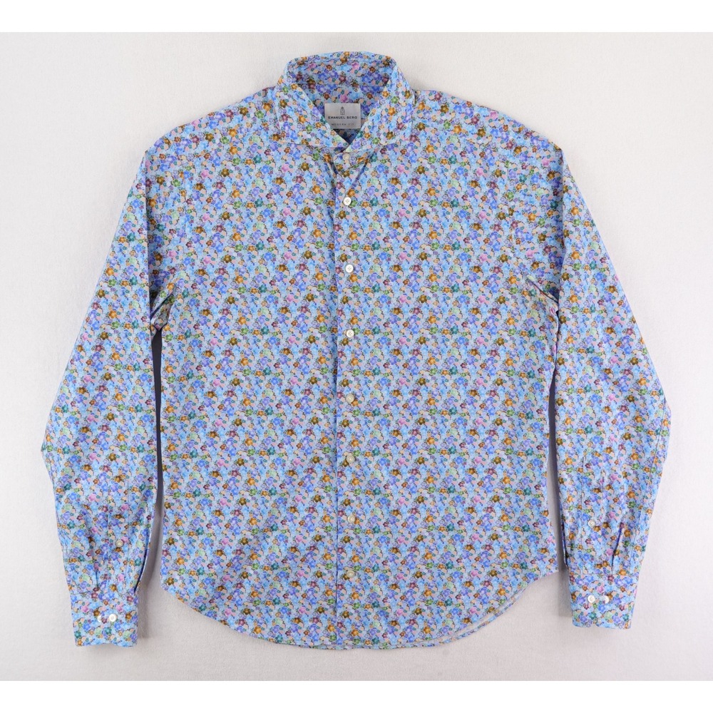 Emanuel Berg Button Down Shirt Mens M 15.5 Blue Floral Modern Fit Long Sleeve - Picture 2 of 12